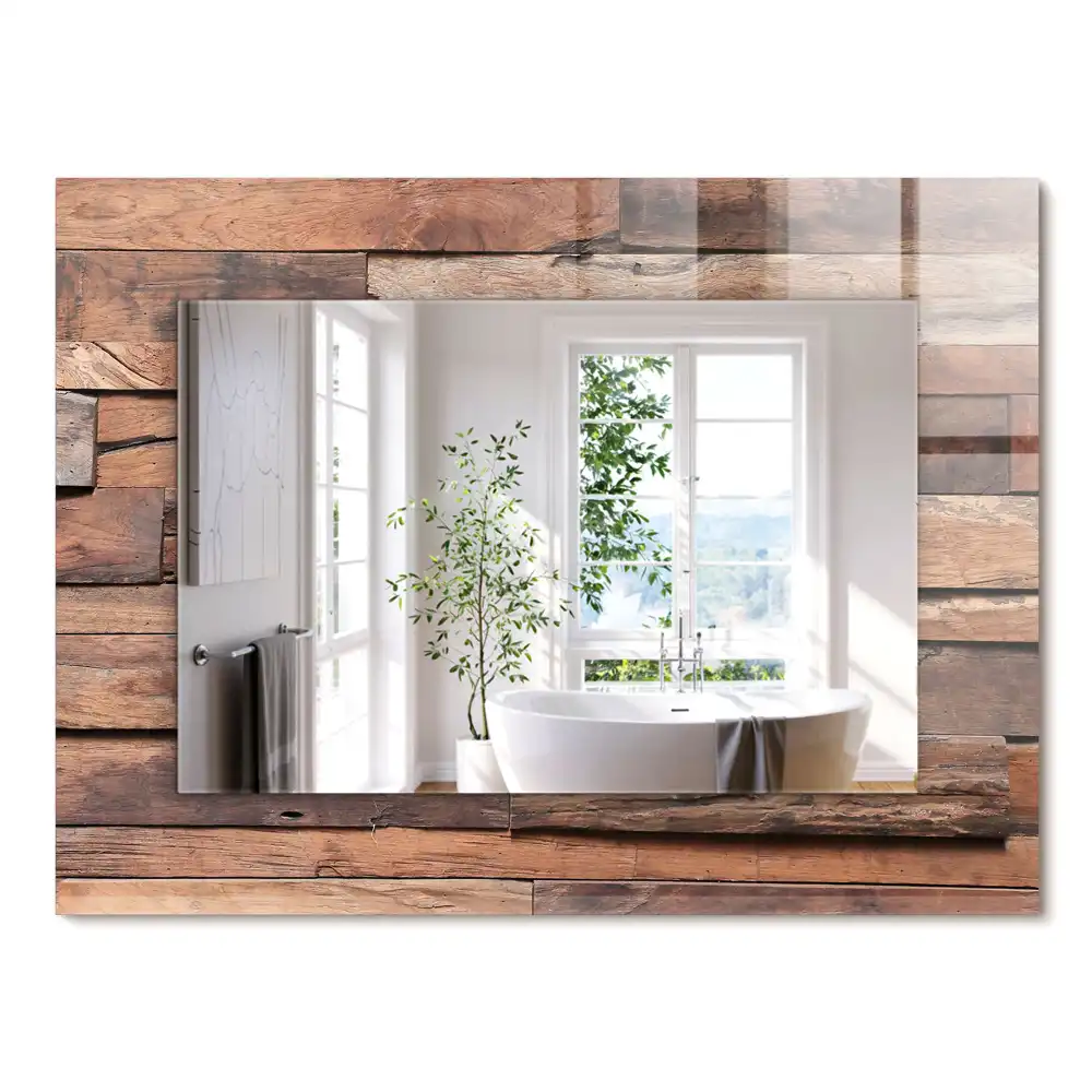 Oglindă dreptunghiulară de perete cu decor din panouri de lemn