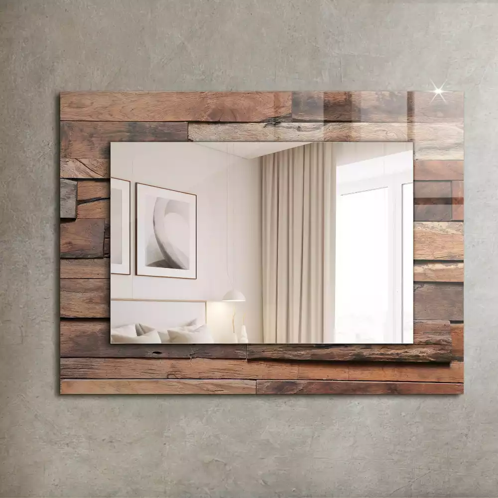 Oglindă dreptunghiulară de perete cu decor din panouri de lemn