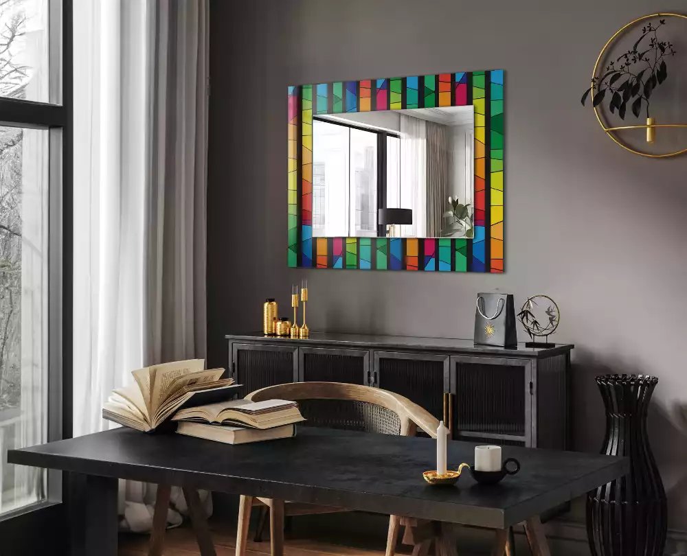 Oglindă dreptunghiulară decorativă cu dungi tip vitraliu