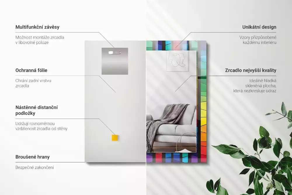 Oglindă dreptunghiulară decorativă cu dungi tip vitraliu