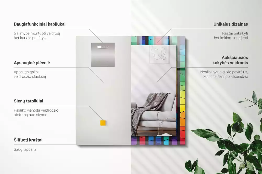 Oglindă dreptunghiulară decorativă cu dungi tip vitraliu