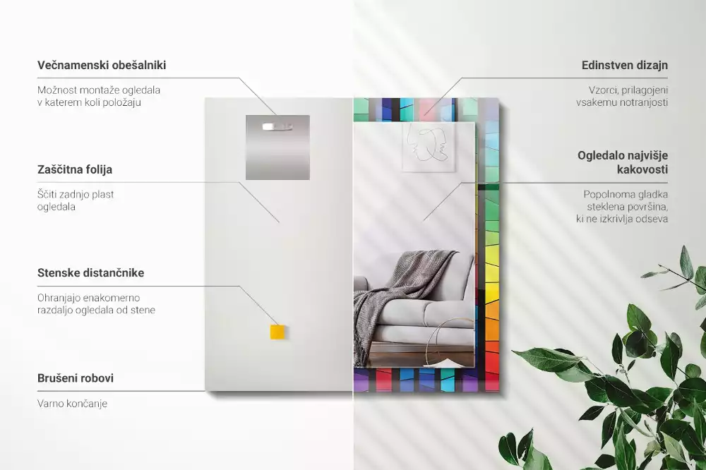 Oglindă dreptunghiulară decorativă cu dungi tip vitraliu