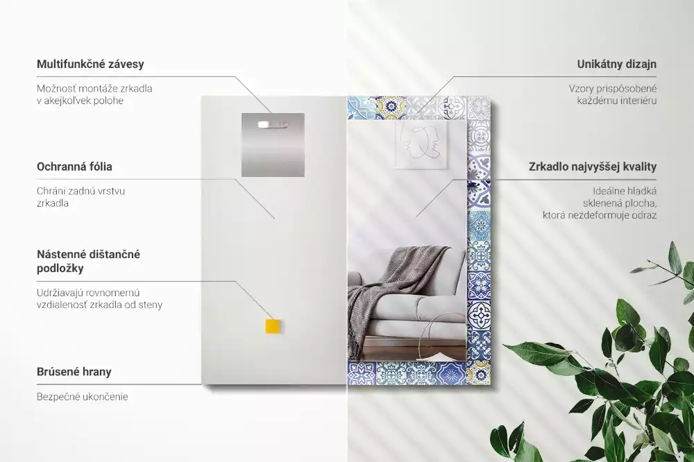 Oglindă dreptunghiulară cu decor din plăci de mozaic colorate
