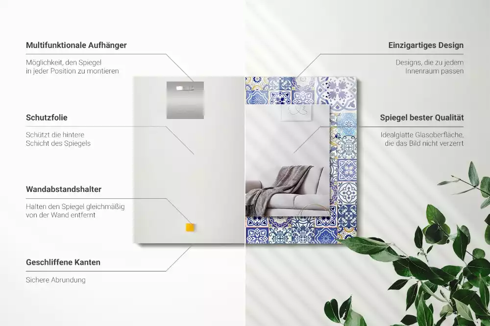 Oglindă dreptunghiulară cu decor din plăci de mozaic colorate