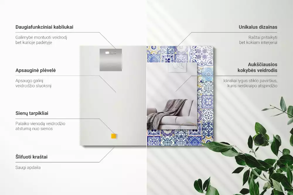 Oglindă dreptunghiulară cu decor din plăci de mozaic colorate