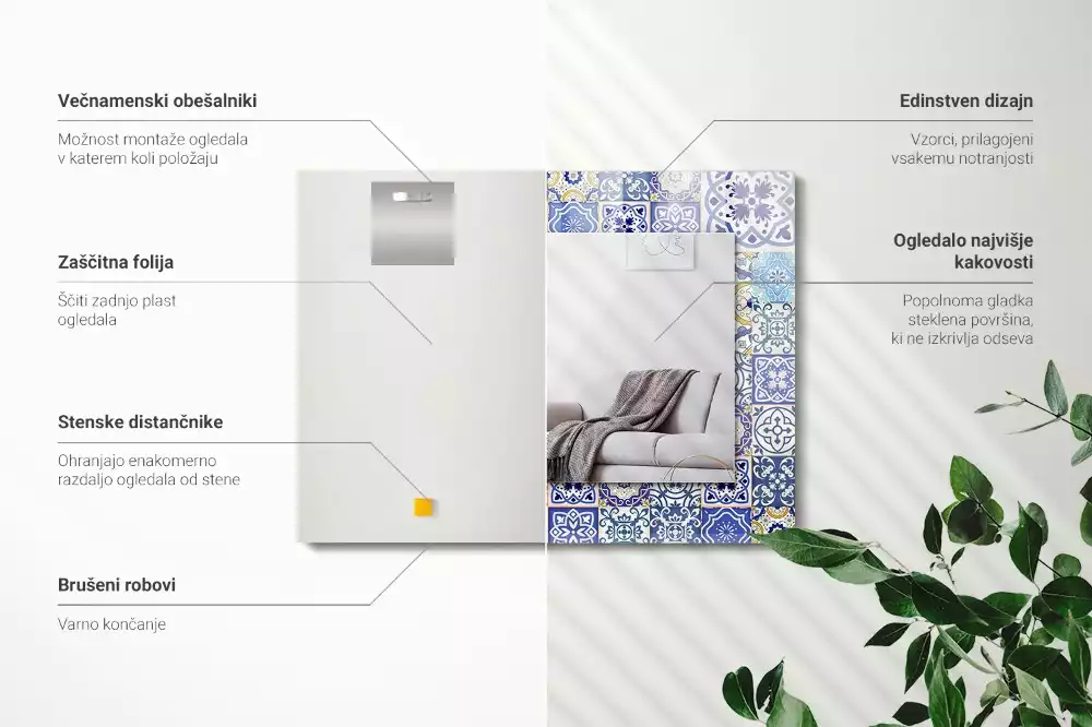 Oglindă dreptunghiulară cu decor din plăci de mozaic colorate