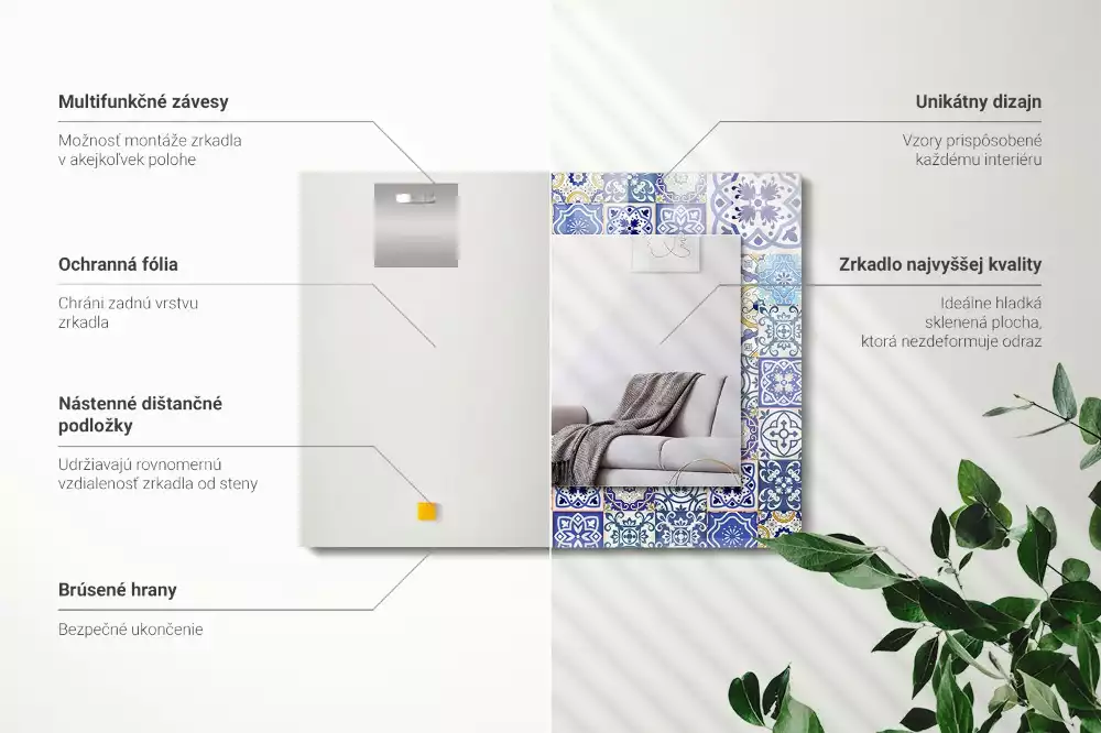 Oglindă dreptunghiulară cu decor din plăci de mozaic colorate