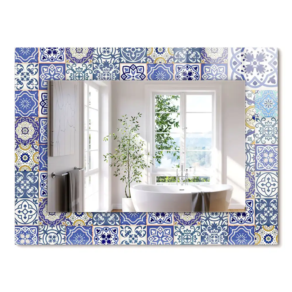 Oglindă dreptunghiulară cu decor din plăci de mozaic colorate