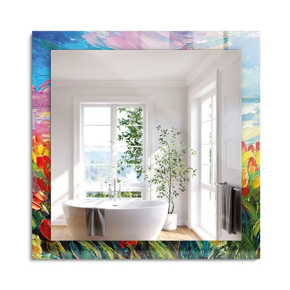 Oglindă dreptunghiulară decorativă cu câmp de lalele
