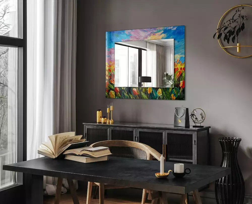 Oglindă dreptunghiulară decorativă cu câmp de lalele