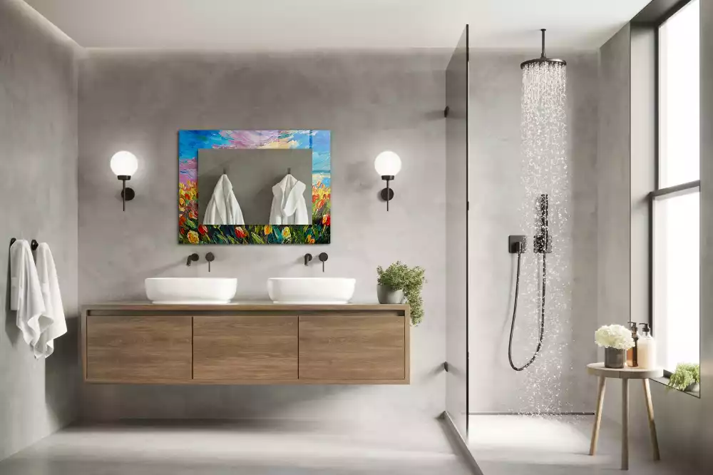 Oglindă dreptunghiulară decorativă cu câmp de lalele