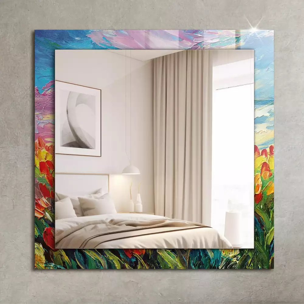 Oglindă dreptunghiulară decorativă cu câmp de lalele