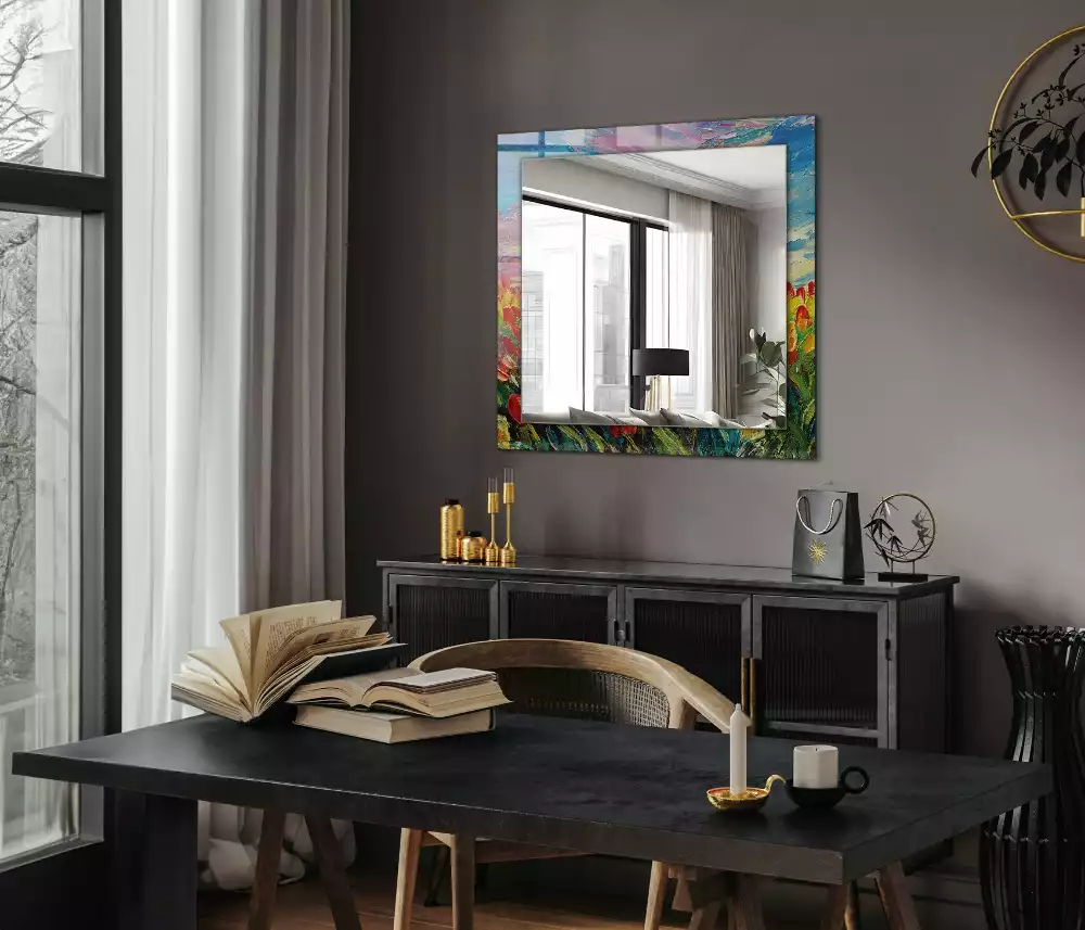 Oglindă dreptunghiulară decorativă cu câmp de lalele