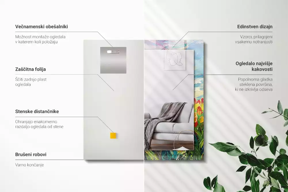 Oglindă dreptunghiulară decorativă cu câmp de lalele