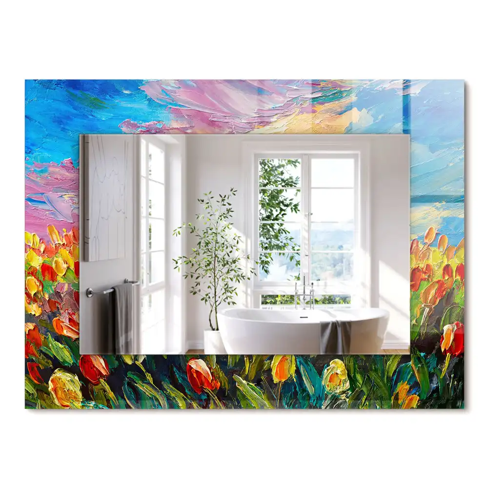 Oglindă dreptunghiulară decorativă cu câmp de lalele