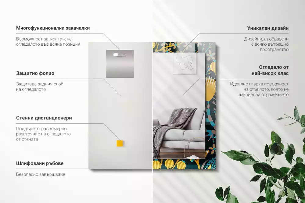 Oglindă dreptunghiulară cu imprimeu floral și frunze