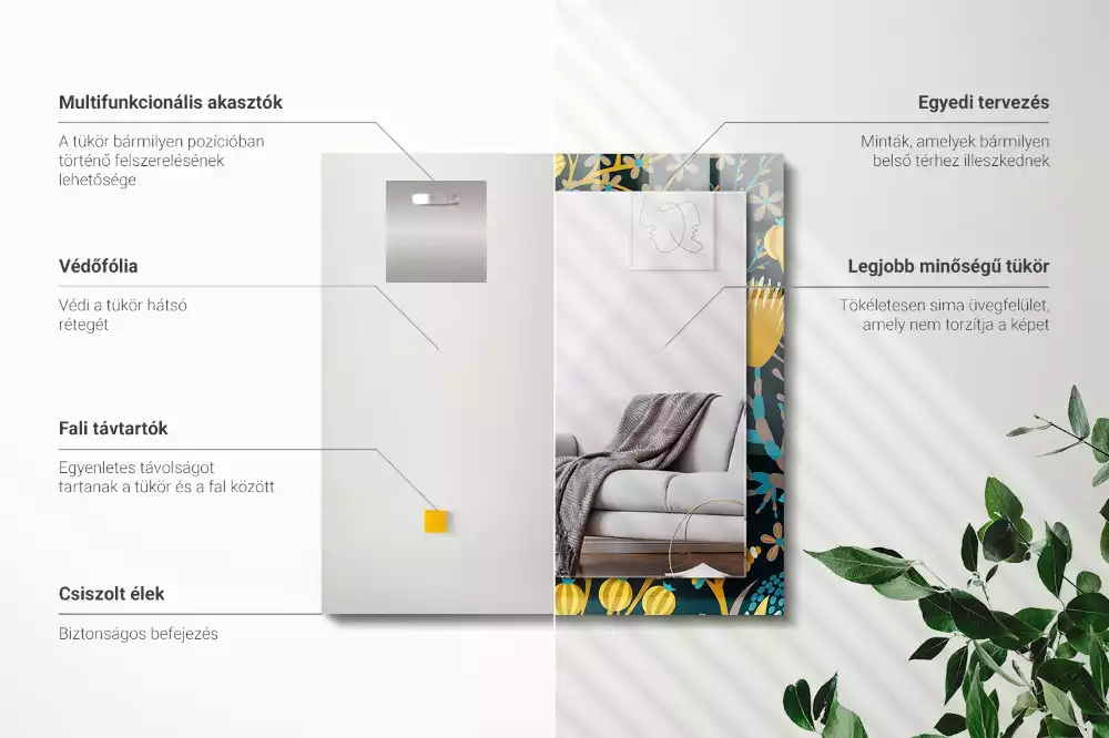 Oglindă dreptunghiulară cu imprimeu floral și frunze