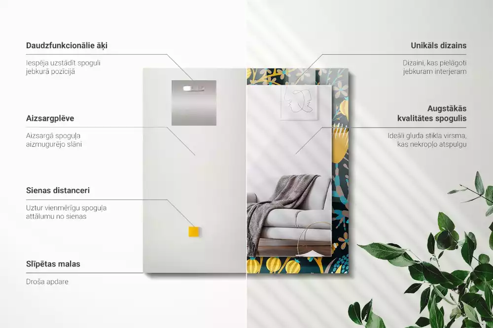 Oglindă dreptunghiulară cu imprimeu floral și frunze
