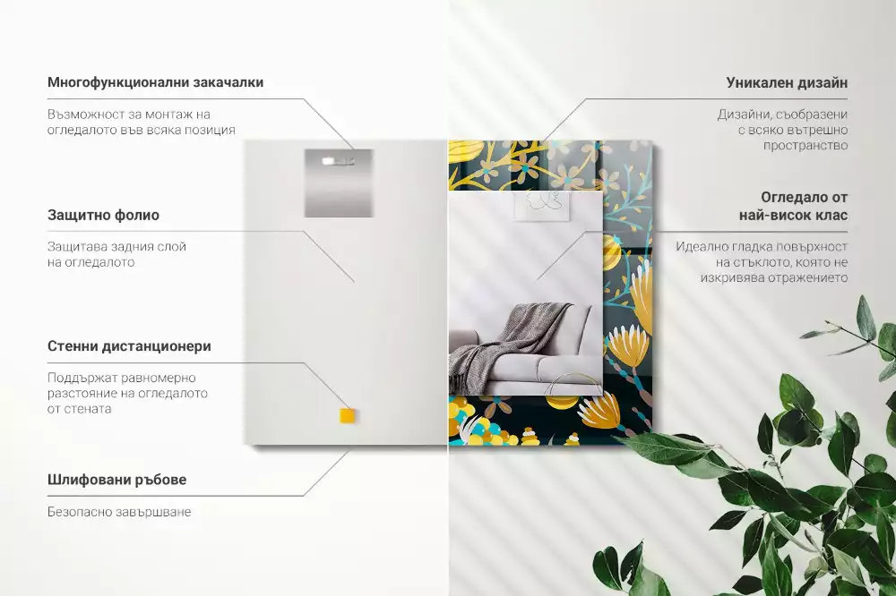 Oglindă dreptunghiulară cu imprimeu floral și frunze
