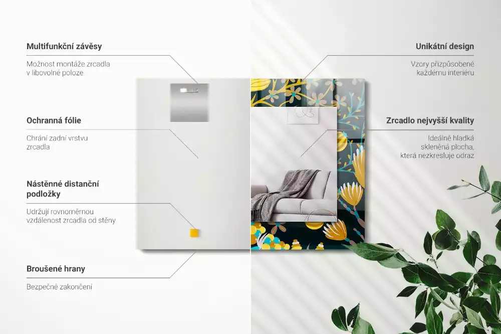 Oglindă dreptunghiulară cu imprimeu floral și frunze
