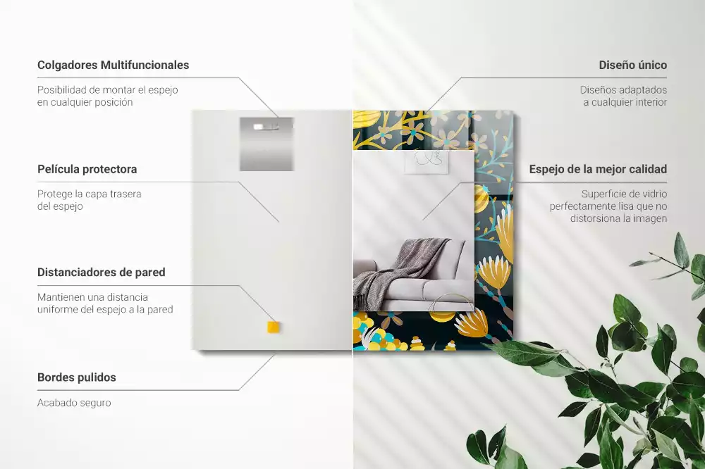 Oglindă dreptunghiulară cu imprimeu floral și frunze