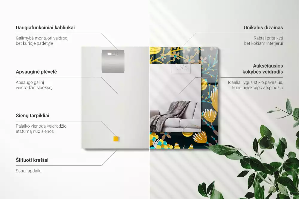 Oglindă dreptunghiulară cu imprimeu floral și frunze