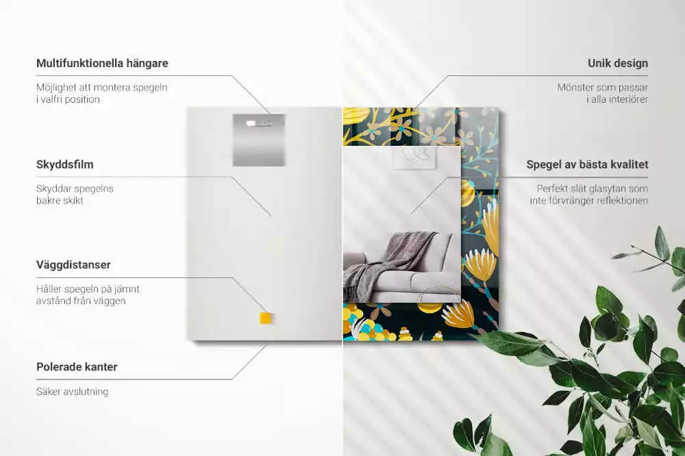 Oglindă dreptunghiulară cu imprimeu floral și frunze