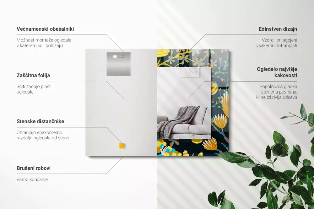 Oglindă dreptunghiulară cu imprimeu floral și frunze