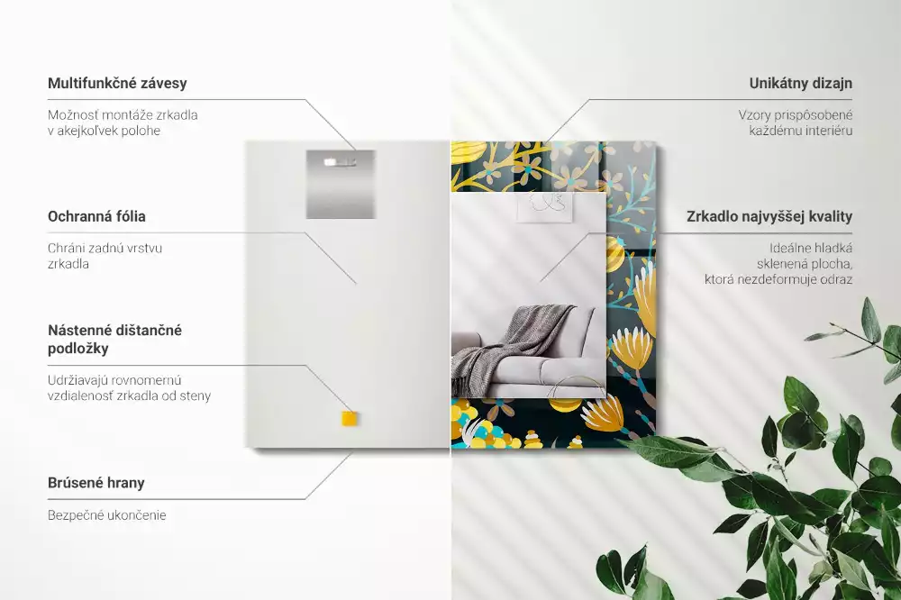 Oglindă dreptunghiulară cu imprimeu floral și frunze