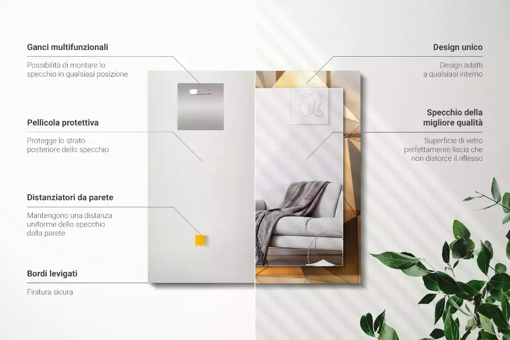 Oglindă dreptunghiulară cu ramă decorată cu imprimeu geometric auriu