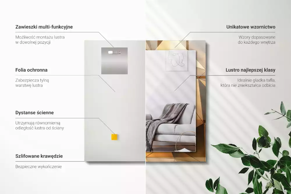 Oglindă dreptunghiulară cu ramă decorată cu imprimeu geometric auriu