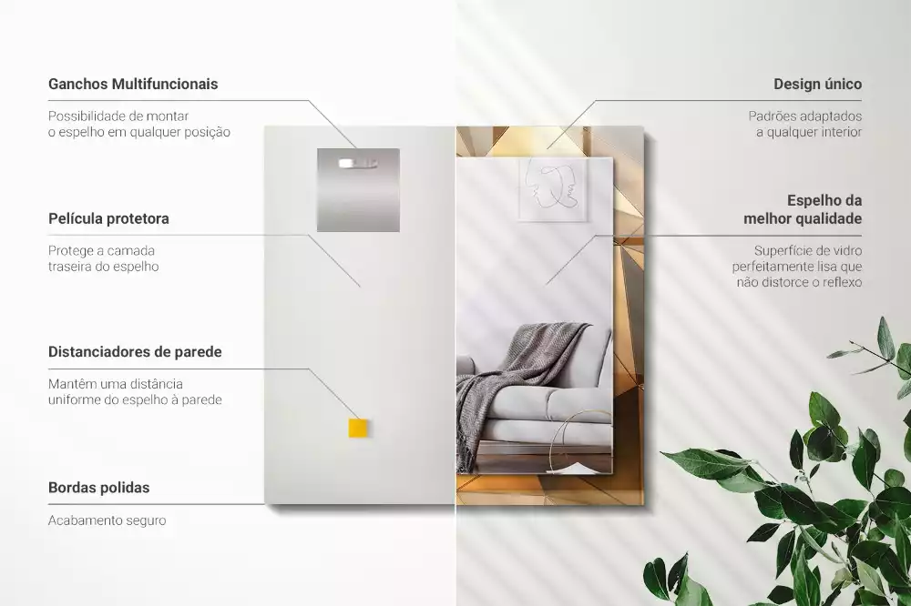 Oglindă dreptunghiulară cu ramă decorată cu imprimeu geometric auriu
