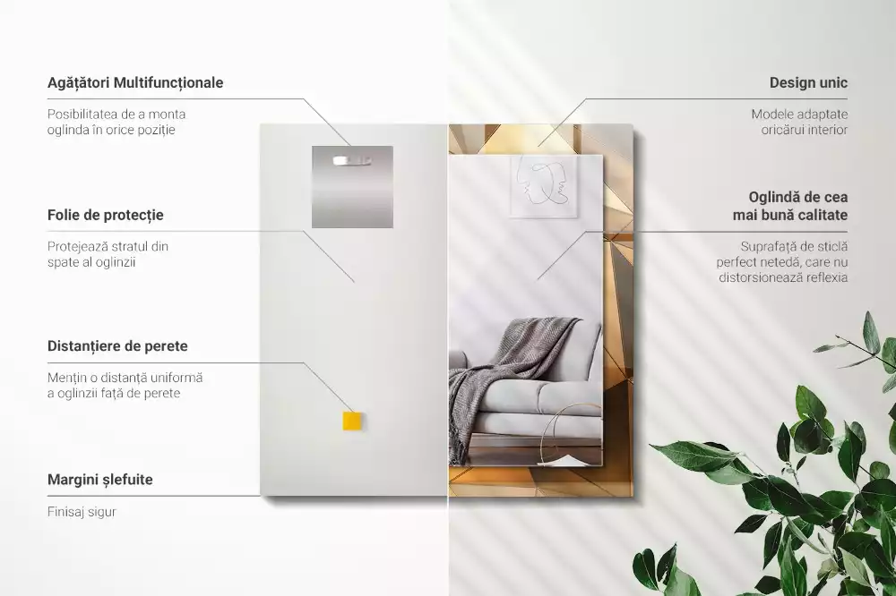 Oglindă dreptunghiulară cu ramă decorată cu imprimeu geometric auriu