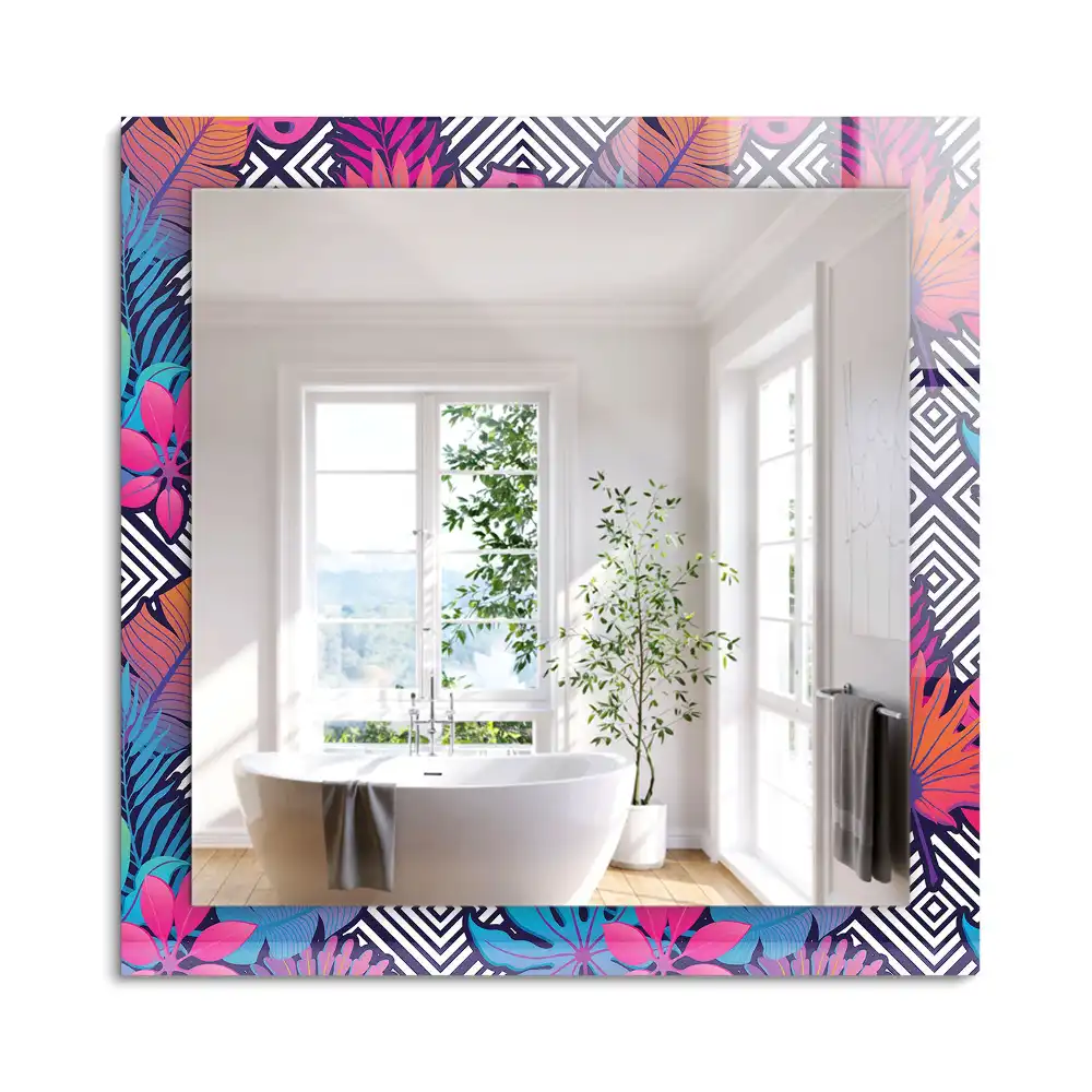 Oglindă decorativă dreptunghiulară cu model de frunze tropicale colorate
