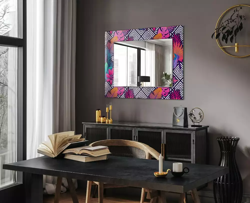 Oglindă decorativă dreptunghiulară cu model de frunze tropicale colorate