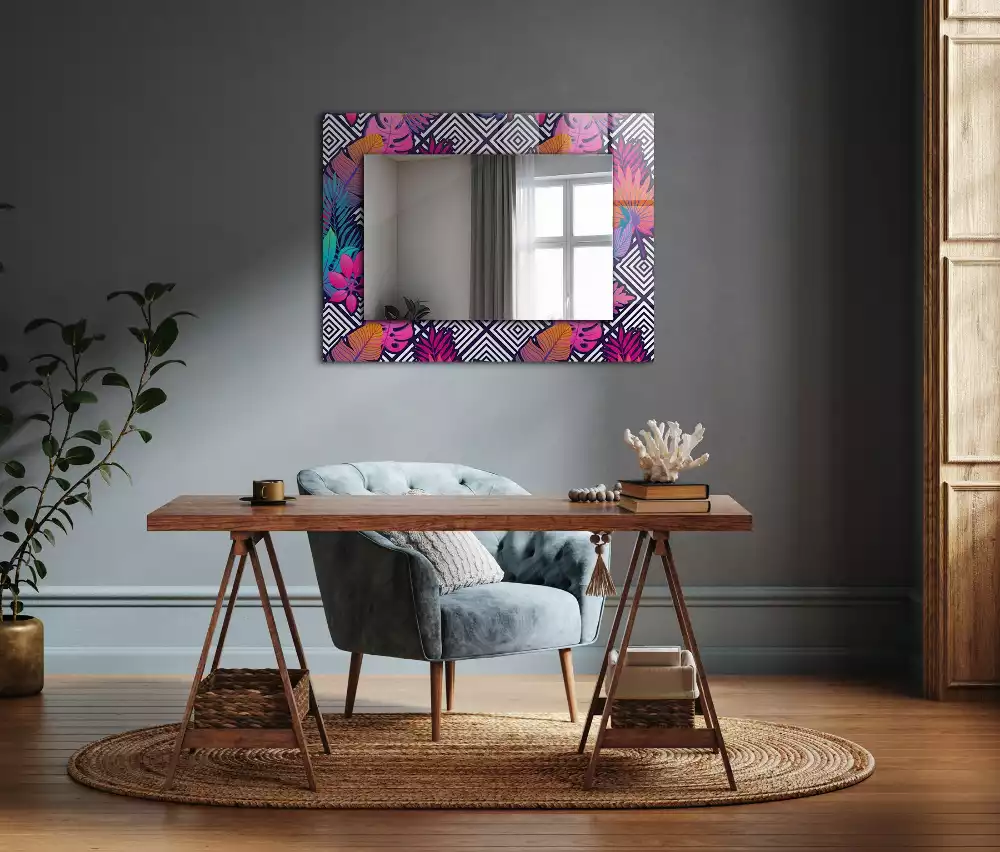Oglindă decorativă dreptunghiulară cu model de frunze tropicale colorate