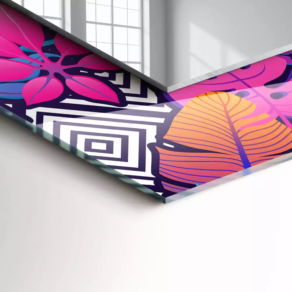 Oglindă decorativă dreptunghiulară cu model de frunze tropicale colorate