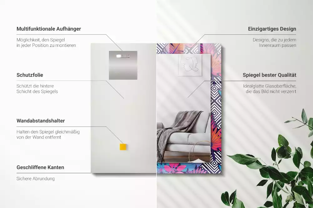 Oglindă decorativă dreptunghiulară cu model de frunze tropicale colorate