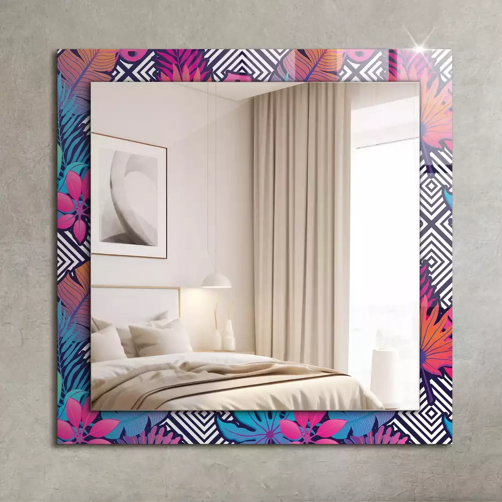 Oglindă decorativă dreptunghiulară cu model de frunze tropicale colorate