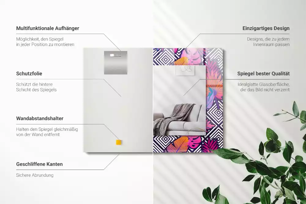 Oglindă decorativă dreptunghiulară cu model de frunze tropicale colorate