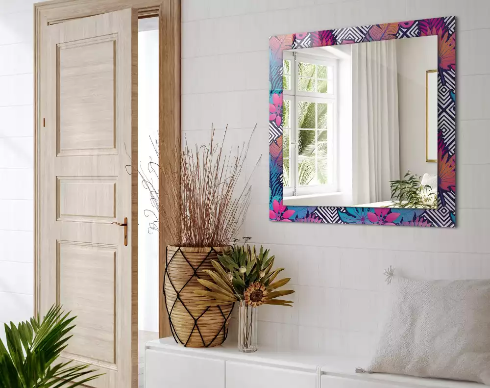 Oglindă decorativă dreptunghiulară cu model de frunze tropicale colorate