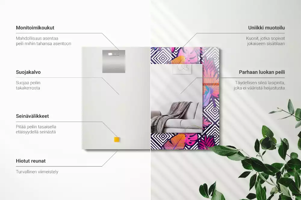 Oglindă decorativă dreptunghiulară cu model de frunze tropicale colorate