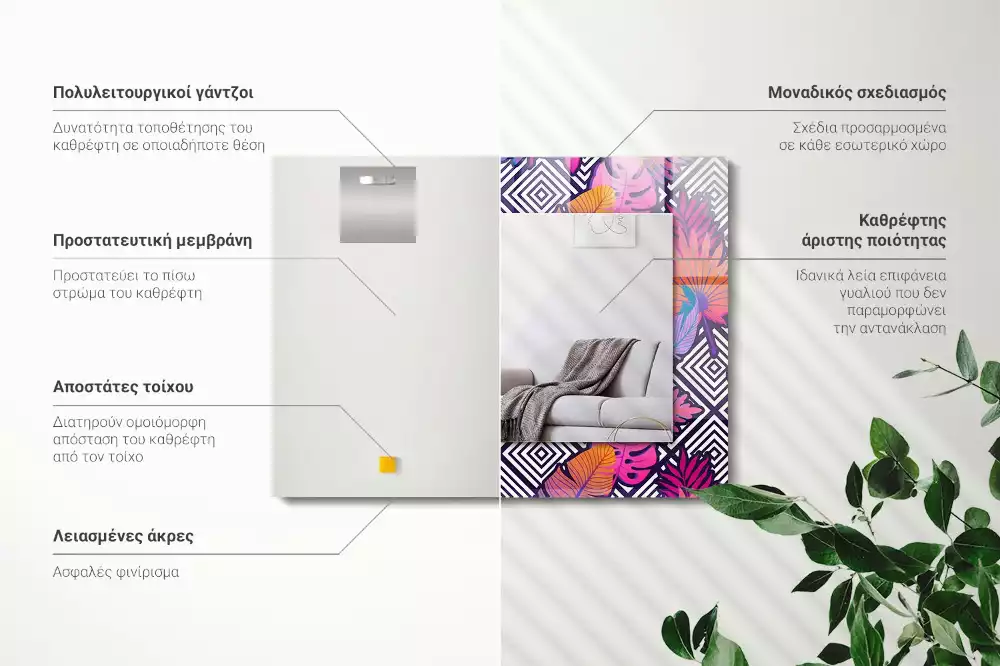 Oglindă decorativă dreptunghiulară cu model de frunze tropicale colorate
