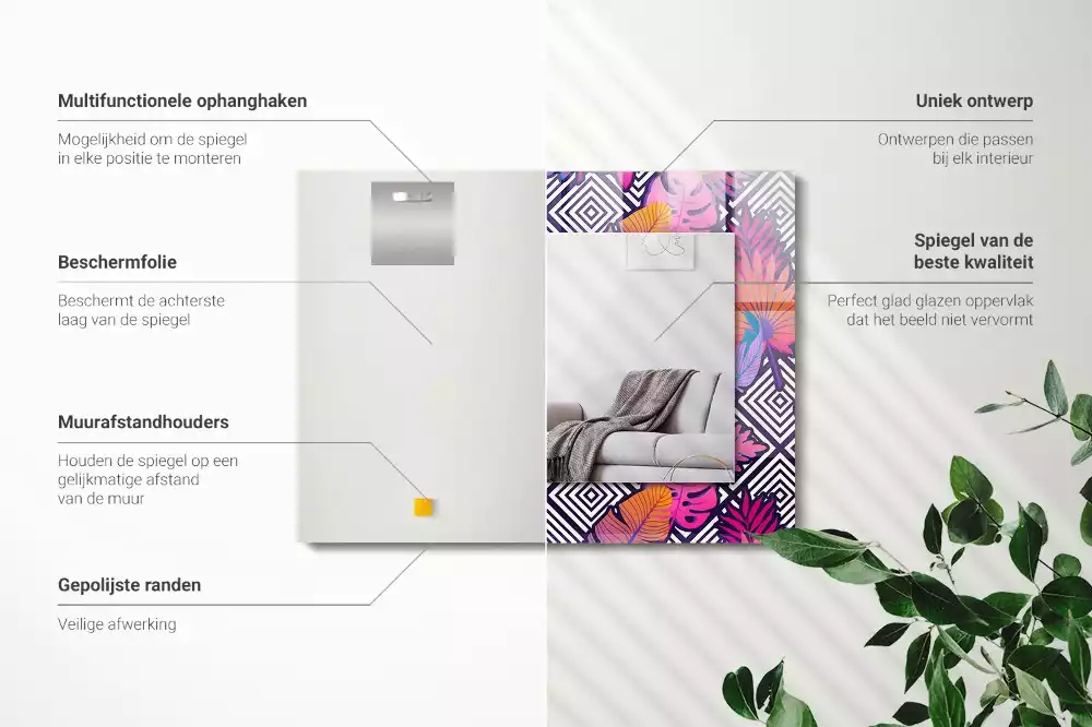Oglindă decorativă dreptunghiulară cu model de frunze tropicale colorate