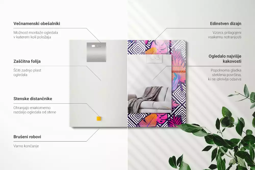 Oglindă decorativă dreptunghiulară cu model de frunze tropicale colorate
