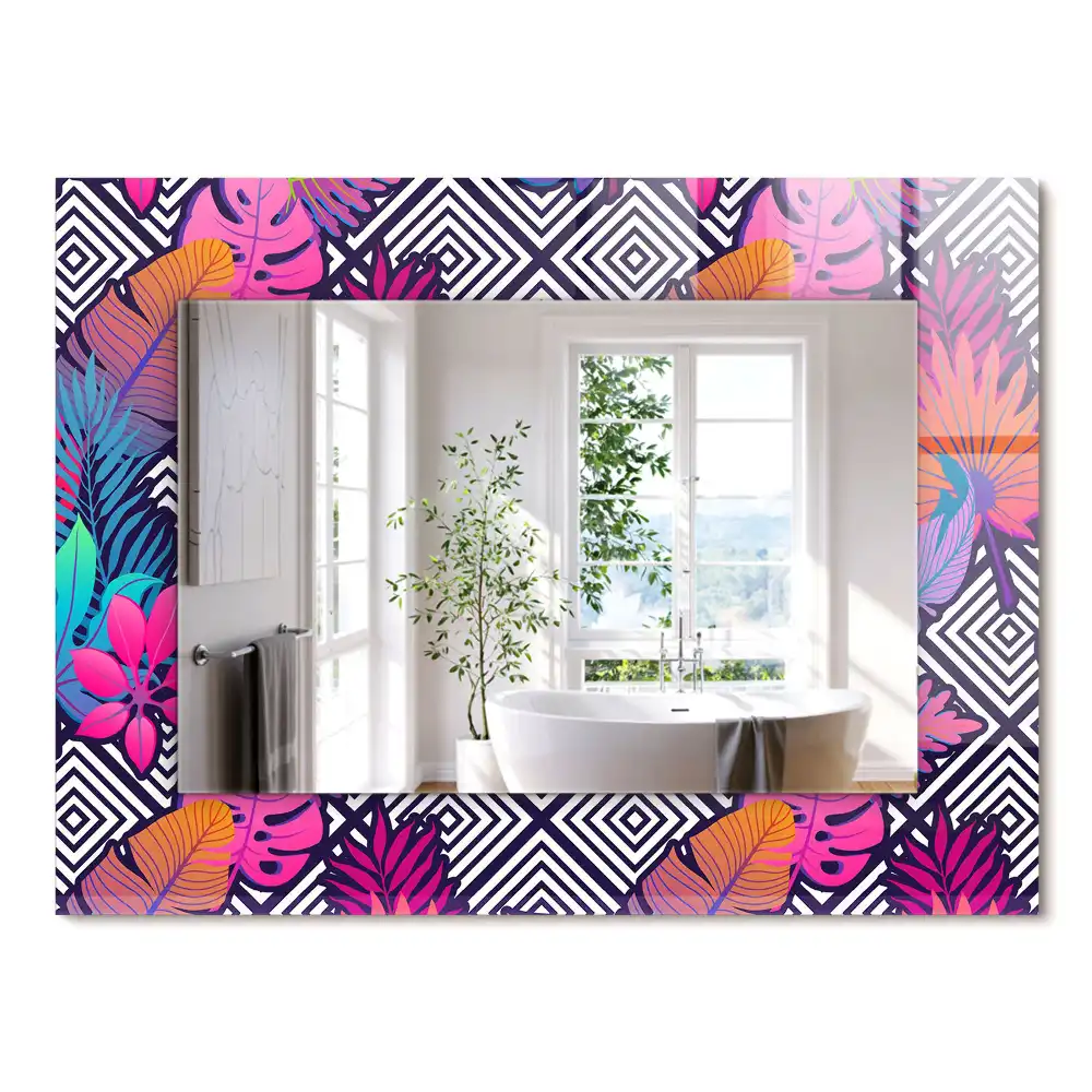 Oglindă decorativă dreptunghiulară cu model de frunze tropicale colorate
