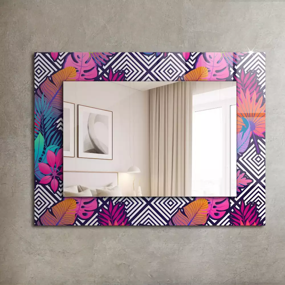Oglindă decorativă dreptunghiulară cu model de frunze tropicale colorate