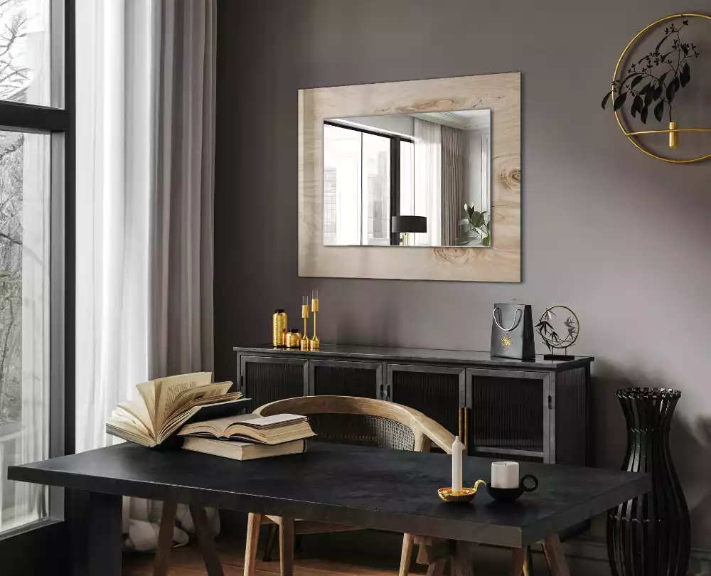 Oglindă dreptunghiulară decorativă de perete din lemn cu noduri