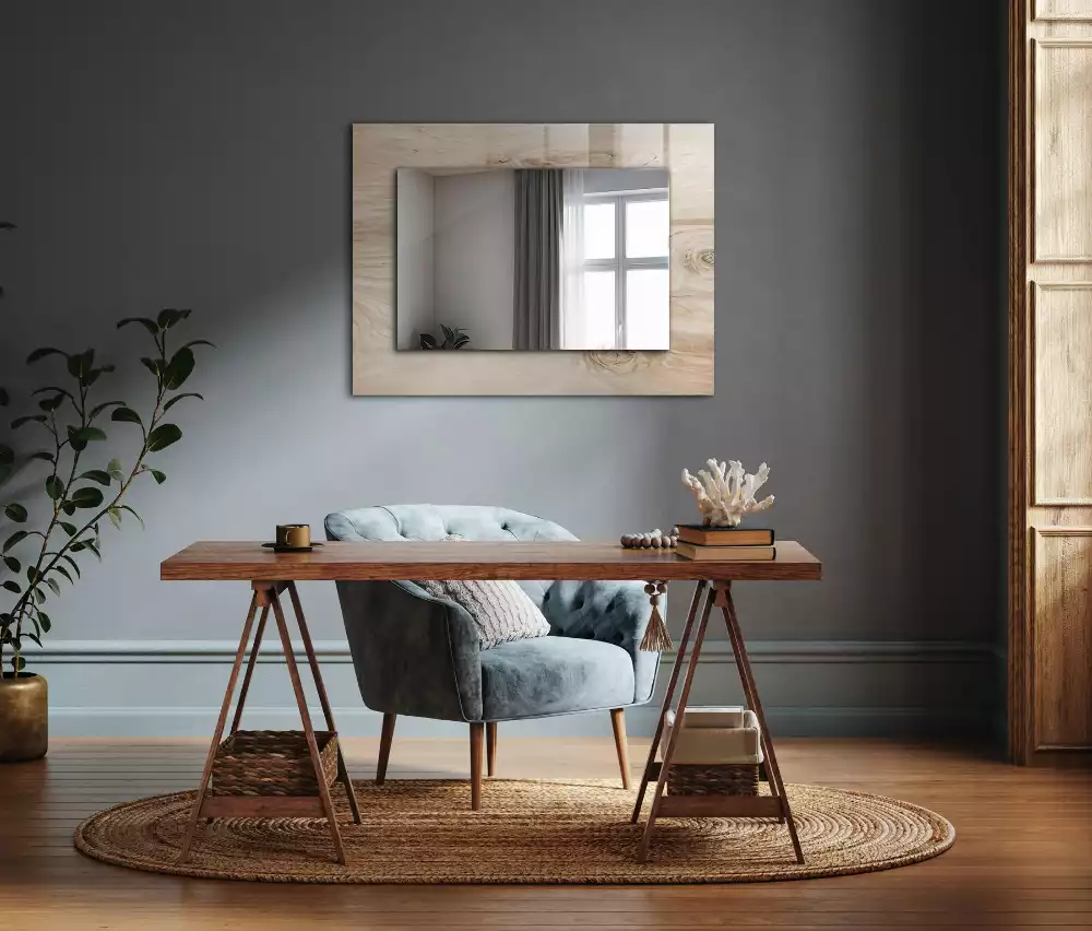 Oglindă dreptunghiulară decorativă de perete din lemn cu noduri