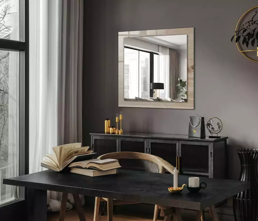 Oglindă dreptunghiulară decorativă de perete din lemn cu noduri